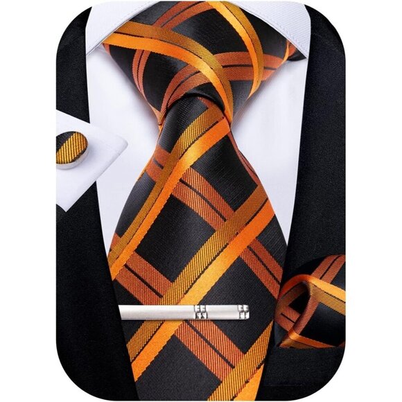 🆕Men Black Plaid Silk Checkered Necktie Pocket Square Cufflinks Tie Clip Set